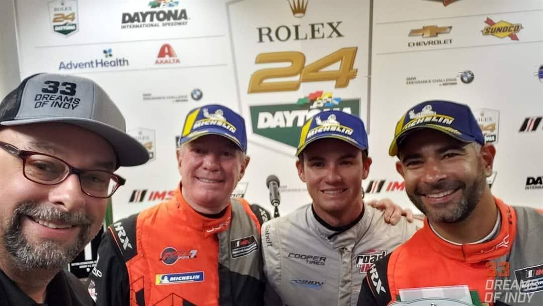 Robert Earl in the Rolex 24 media center with drivers Jonathan Jorge, Kyle Kirkwood and Joel Janco after the 2019 Roar Before the 24 win