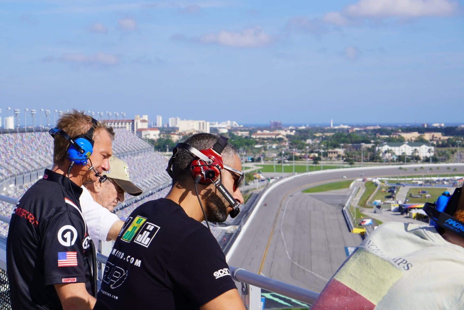 Robert Earl getting an insider look at spotting for the Rolex 24 from the top of the grandstand with veteran spotter Jonathan Jorge