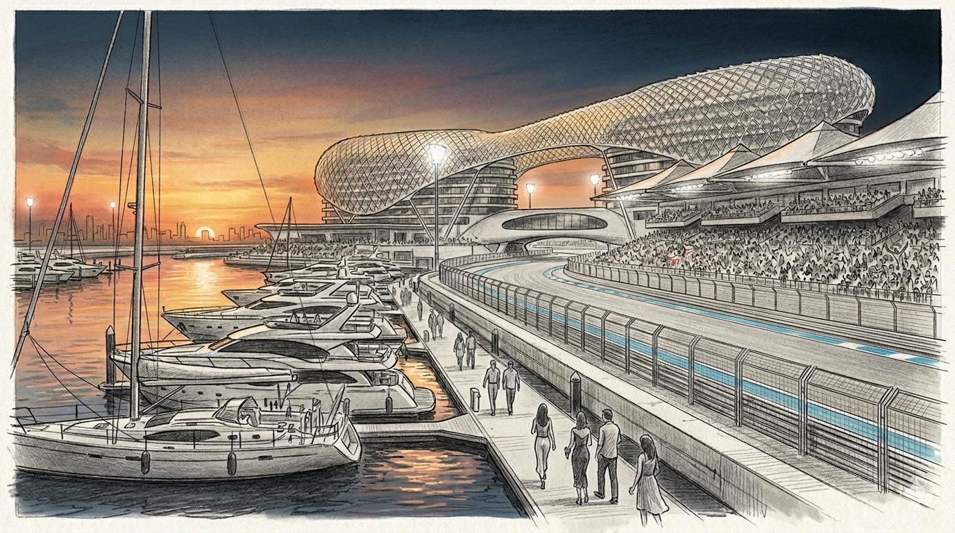 Pencil illustration of the Yas Marina at sunset on Abu Dhabi Grand Prix weekend, with yachts moored along the marina, the curved Yas Hotel canopy in the background, the floodlit pit straight, and people walking the marina promenade toward the grandstands