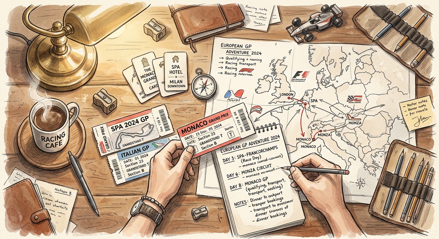 Pencil sketch of a travel advisor's desk with race tickets, maps, hotel cards, and a handwritten itinerary