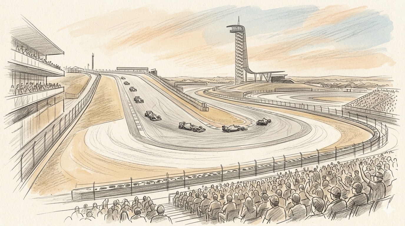 Pencil illustration of premium grandstand viewing at Circuit of the Americas during the Formula 1 US Grand Prix, with Formula 1 cars on the back straight, the iconic COTA observation tower with the spire in the background, and a packed grandstand of fans in the foreground