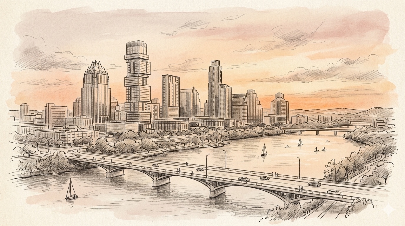 Pencil illustration of the downtown Austin Texas skyline at golden hour during US Grand Prix race week, viewed across Lady Bird Lake, with the Independent residential tower (the jenga stack) and Frost Bank Tower in the foreground, the pedestrian bridge over the water, and the Texas Hill Country in the distance