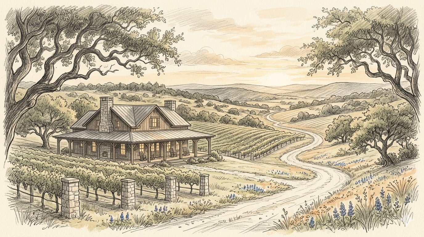 Pencil illustration of a Texas Hill Country winery scene at golden hour, with a stone-and-wood ranch tasting room with a wraparound porch, a vineyard in the foreground, ancient live oak trees framing the view, a limestone ranch road winding into the rolling Hill Country, and bluebonnets along the roadside