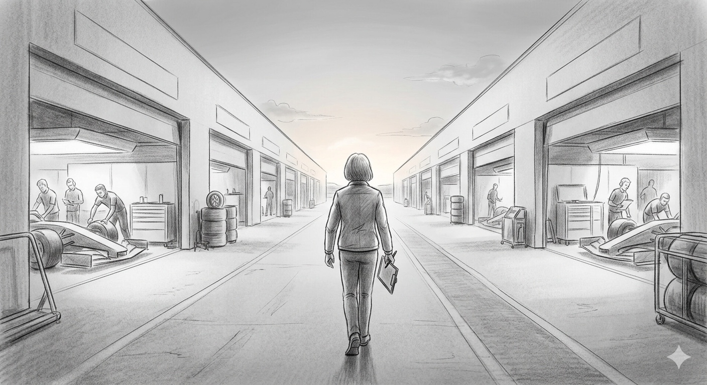 Pencil illustration of a single figure with a clipboard walking forward down a Formula 1 paddock walkway at dawn, with team garages on either side and mechanics working in the early morning light