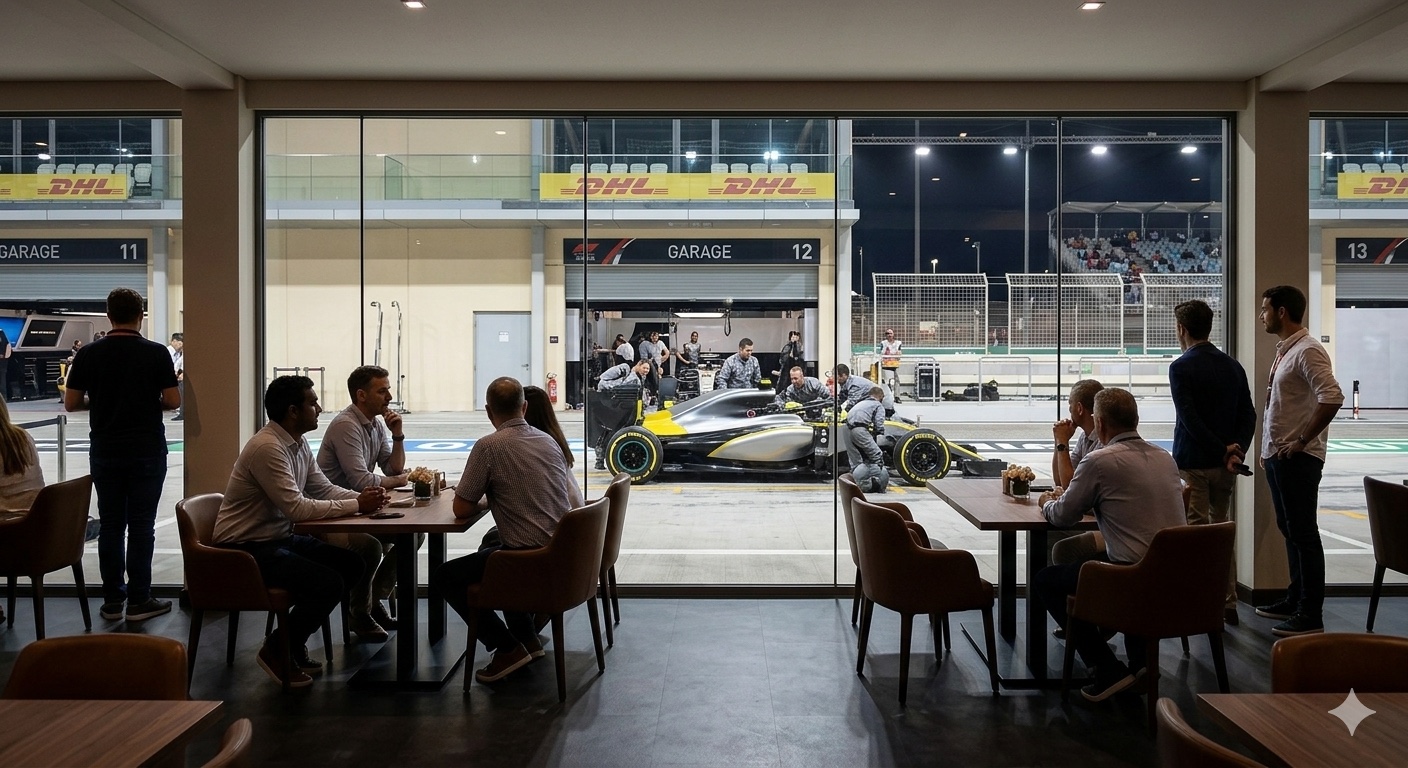 Photograph from inside a Formula 1 hospitality suite at dusk, showing guests seated at tables and standing in conversation while watching a Formula 1 car being prepared by mechanics in a team garage visible through floor-to-ceiling glass walls overlooking the pit lane