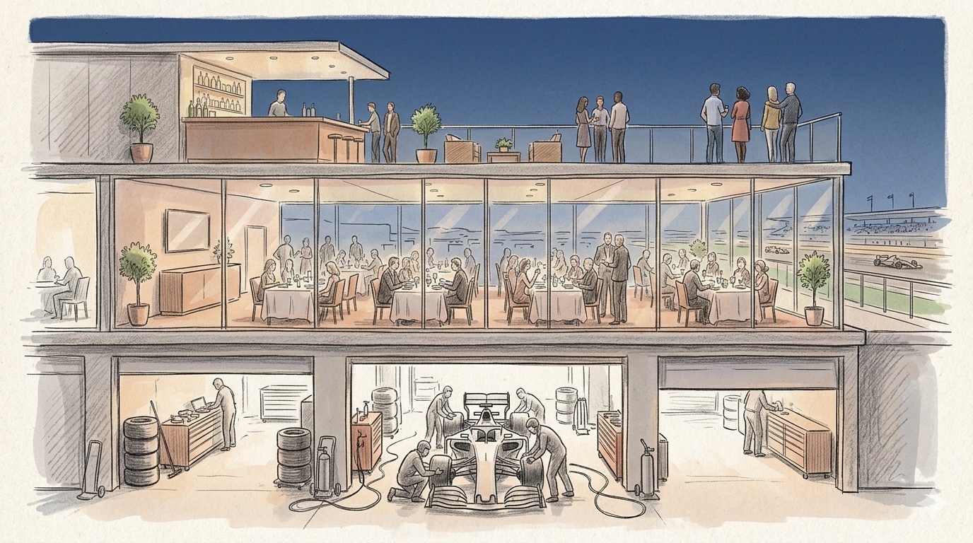 Pencil illustration showing the stacked layers of premium F1 hospitality: pit lane mechanics on a car at the bottom, a glass-front hospitality suite with seated guests in the middle, and a rooftop terrace with standing guests on top