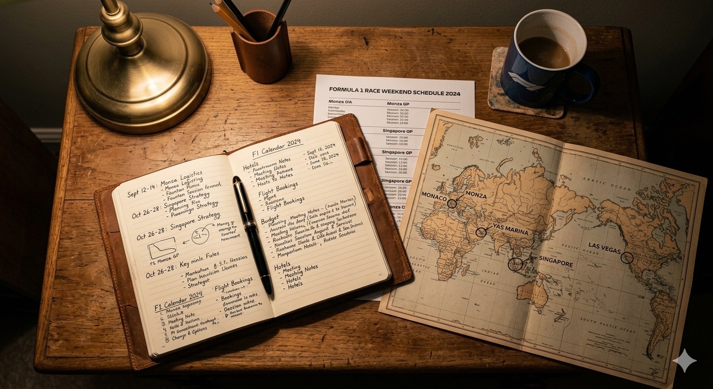 Overhead pencil illustration of a planning desk with a leather notebook open to handwritten F1 planning notes, a world map with pins on Monaco Monza Singapore Yas Marina and Las Vegas, a Formula 1 race schedule, a coffee cup, and a fountain pen