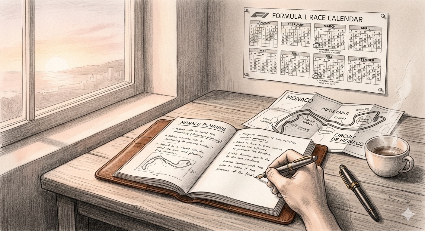 Pencil illustration of a desk by a window at sunrise with a leather notebook of Monaco planning notes, a folded map of the principality with Monte Carlo and the Circuit de Monaco visible, a Formula 1 race calendar pinned to the wall, and a coffee cup