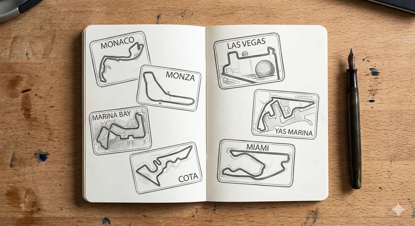 Pencil illustration of an open notebook with seven hand-drawn circuit outline stamps labeled Monaco, Monza, Marina Bay, Las Vegas, Yas Marina, COTA, and Miami, with a fountain pen resting beside it on a wooden desk
