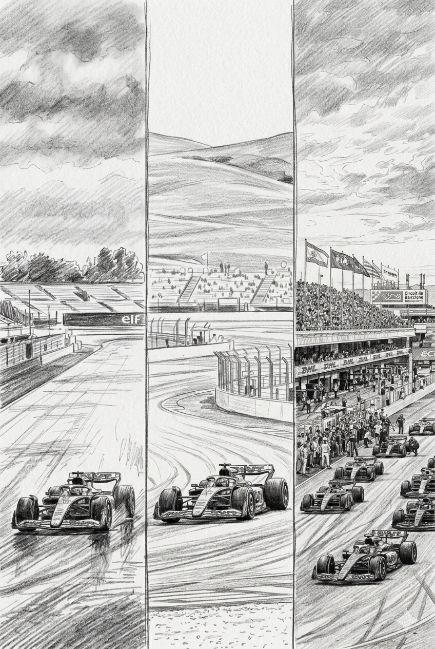 Pencil illustration of three Formula 1 cars across three panels representing Friday practice, Saturday qualifying, and Sunday race day