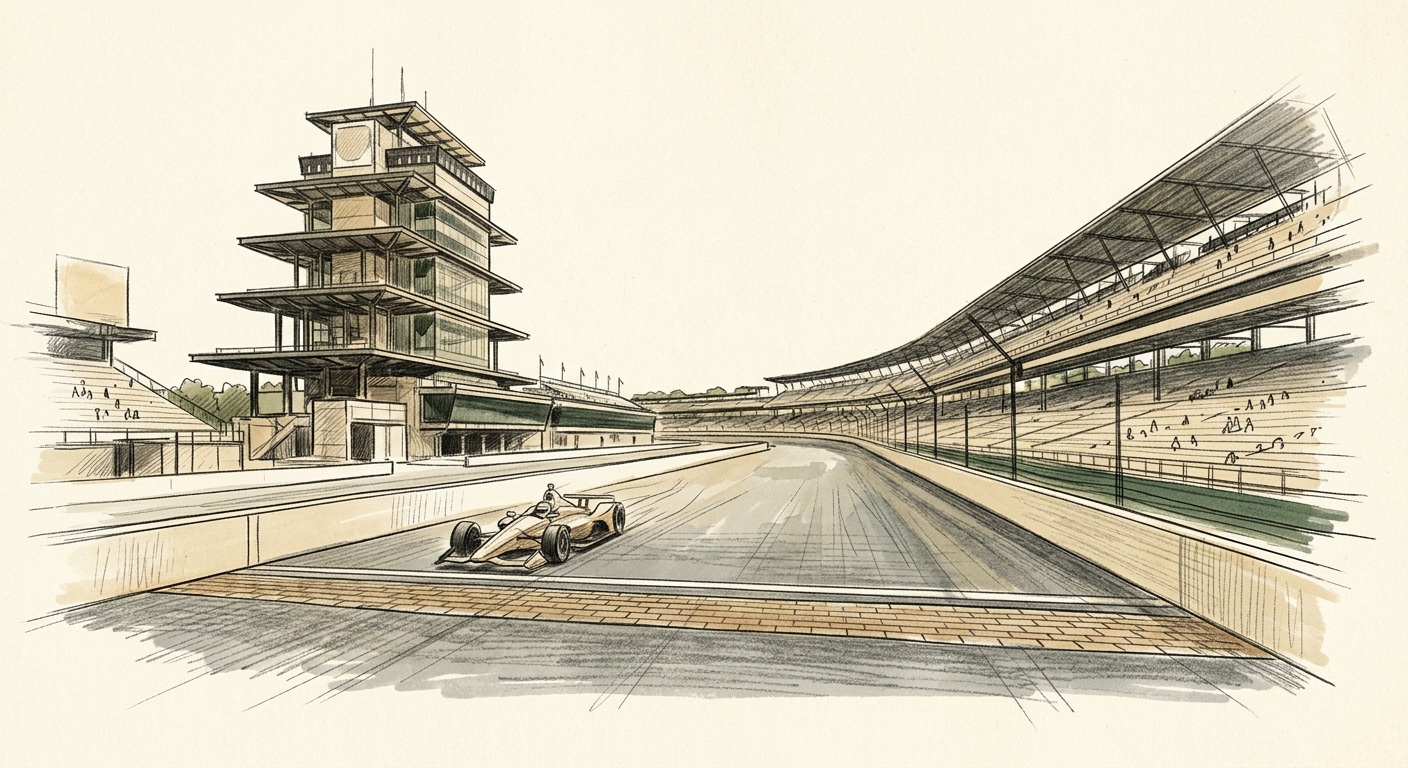 Pencil sketch of the Indianapolis Motor Speedway Pagoda on a quiet practice day