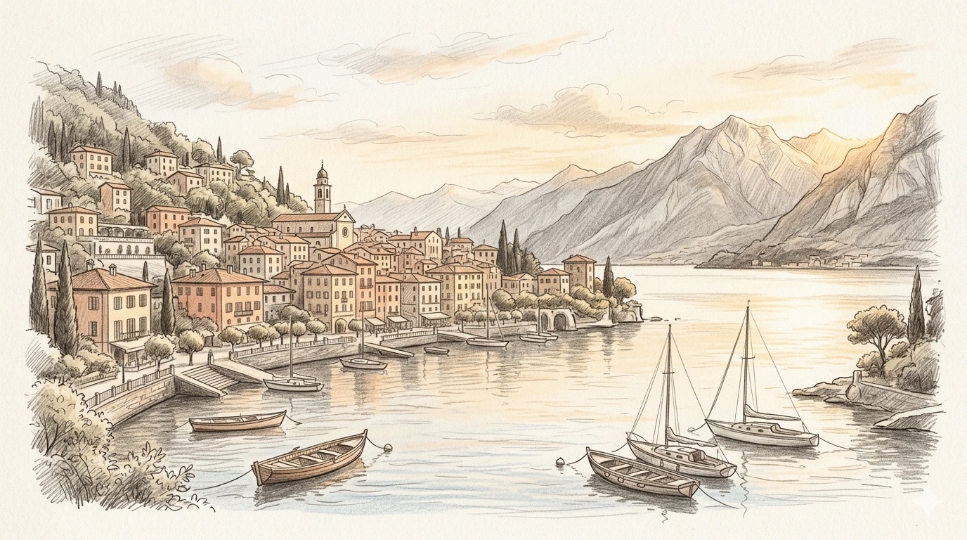 Pencil illustration of Lake Como at golden hour with a lakefront village of pastel buildings climbing the hillside on the left, a church bell tower in the middle, traditional wooden boats and sailboats on the calm water in the foreground, and mountains rising on the far shore