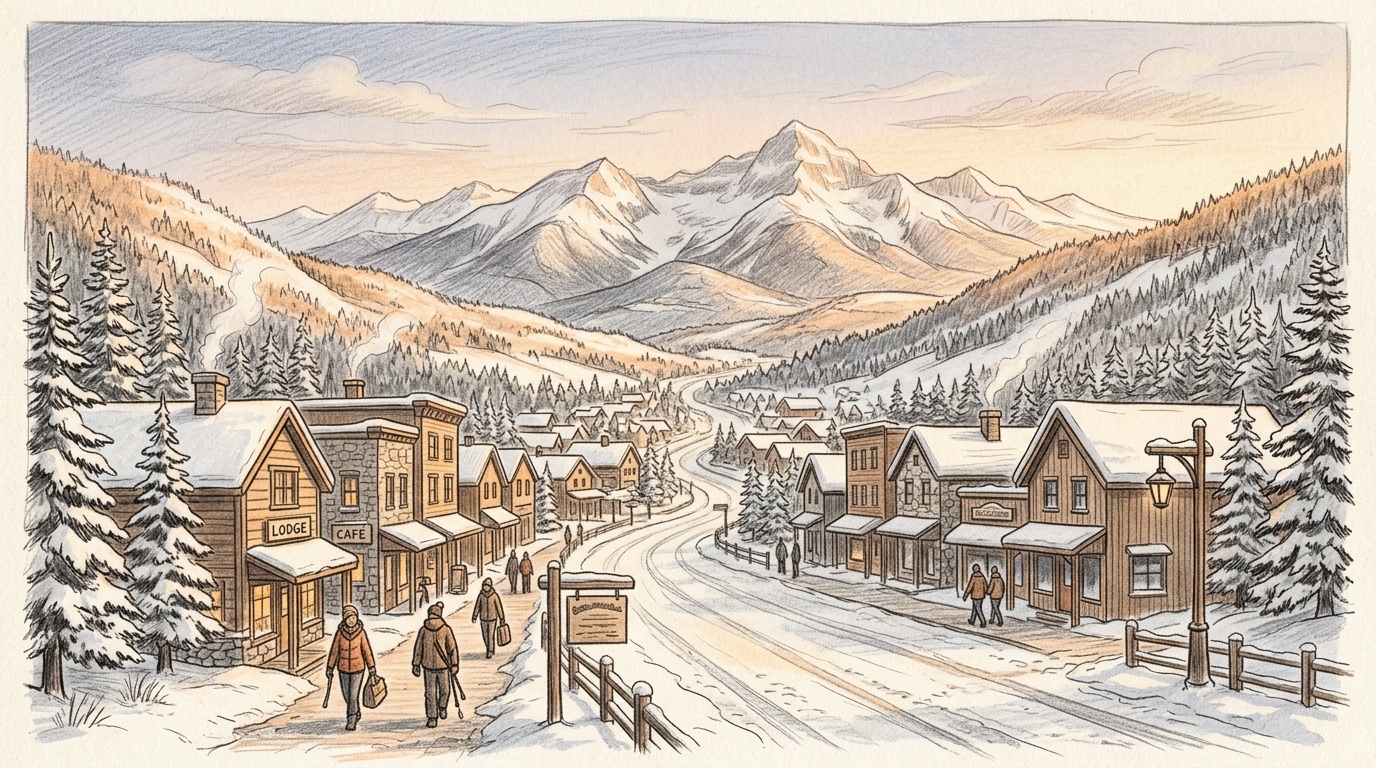 Pencil illustration of a western United States ski town in early winter, with snow-covered mountain peaks behind a small lodge-and-cafe main street, used as a Las Vegas Grand Prix back-end extension destination
