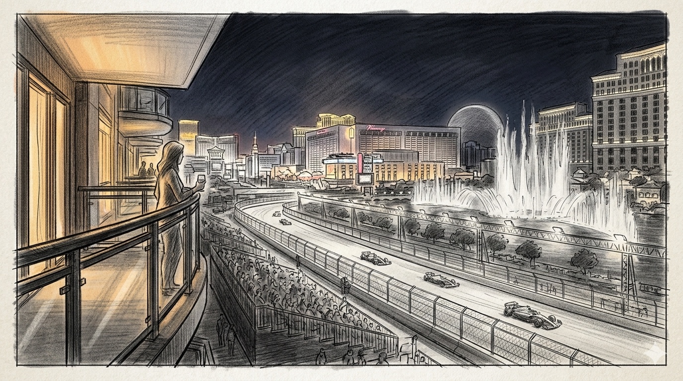 Pencil illustration of the Las Vegas Grand Prix at night, viewed from a Strip hotel balcony with a single figure watching Formula 1 cars on the Strip circuit below, the Bellagio Fountains and the Sphere in the background