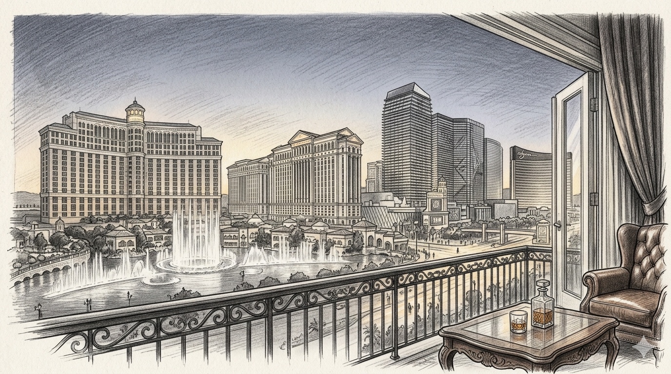 Pencil illustration of the Bellagio Fountains and Las Vegas Strip skyline viewed from a Las Vegas Grand Prix race-week hotel balcony, with a leather chair and a whisky decanter in the foreground at dusk
