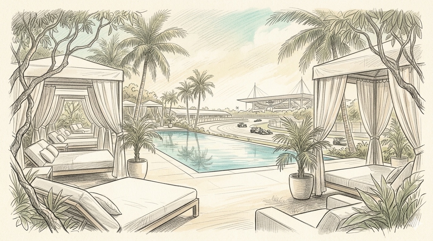 Pencil illustration of a premium beach-club hospitality structure at the Miami Grand Prix, with white-cushioned daybeds, white cabanas with linen drapes, a long infinity pool, palm trees, and the Formula 1 circuit threading past with the Hard Rock Stadium roof in the distance