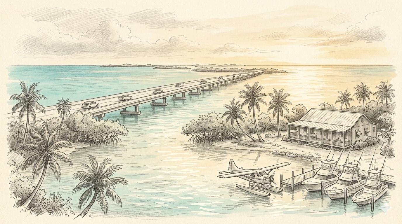Pencil illustration of the Florida Keys at golden hour, with the Overseas Highway running across a long causeway over turquoise shallow water, sport-fishing yachts moored along a marina, a wooden Keys-style waterfront lodge with a porch, a seaplane on the water, and palm trees framing the scene