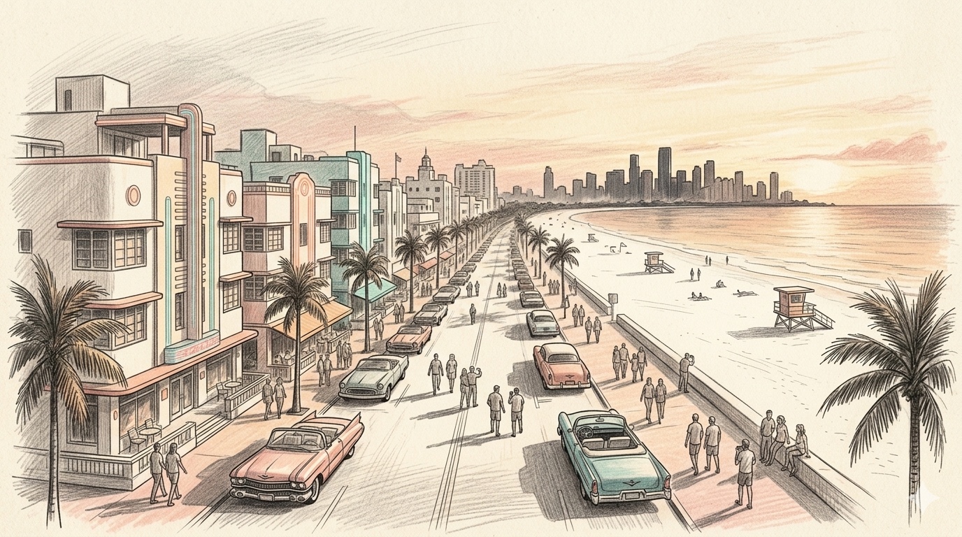 Pencil illustration of Ocean Drive in Miami South Beach at golden hour during Formula 1 race weekend, with Art Deco hotels in pastel colors lining the street, palm trees, vintage convertible cars parked along the sidewalk, the beach and Atlantic Ocean on the right, and the Miami downtown skyline in the distance