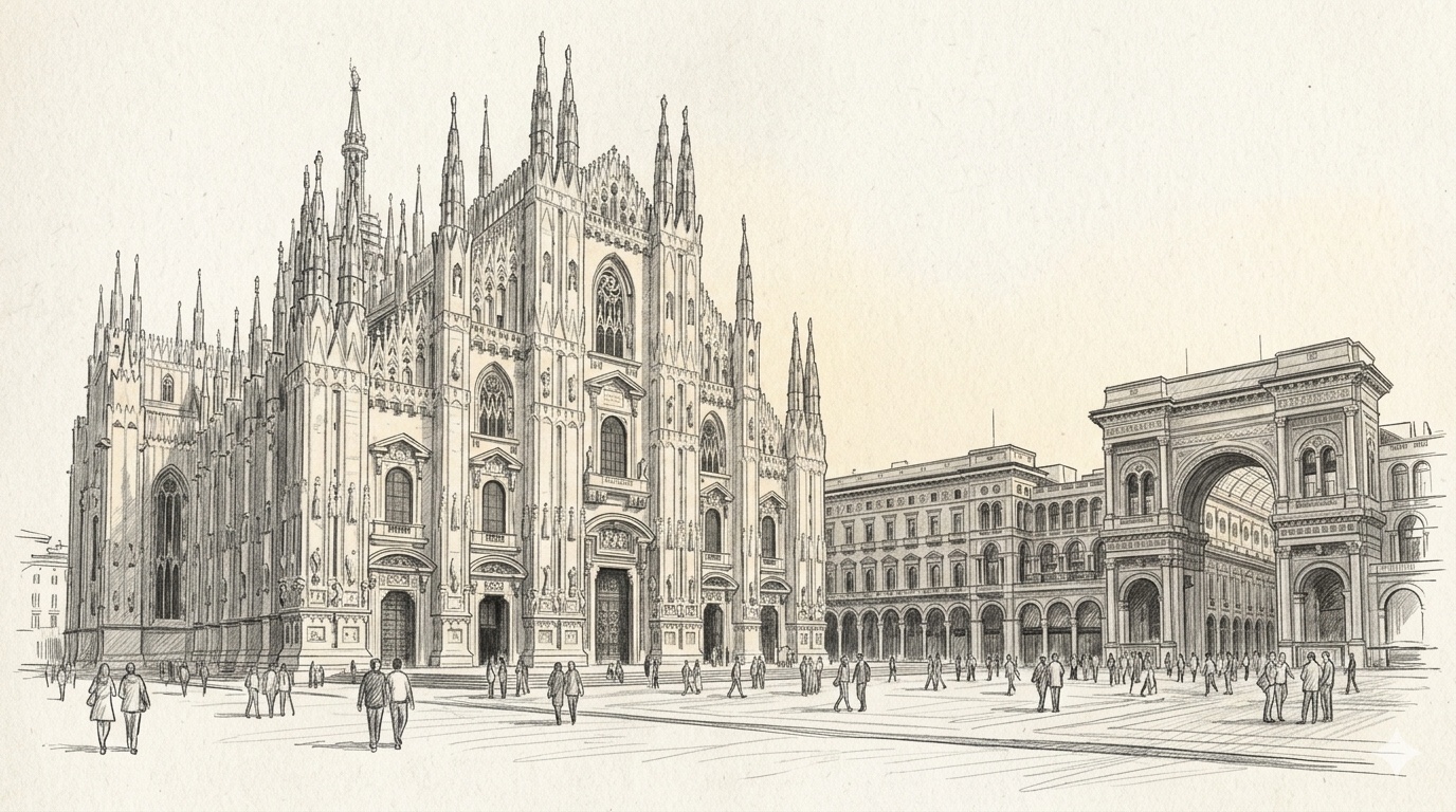 Pencil illustration of the Milan Duomo cathedral with its Gothic spires on the left and the entrance arch of the Galleria Vittorio Emanuele II on the right, viewed from the Piazza del Duomo with people walking through the square
