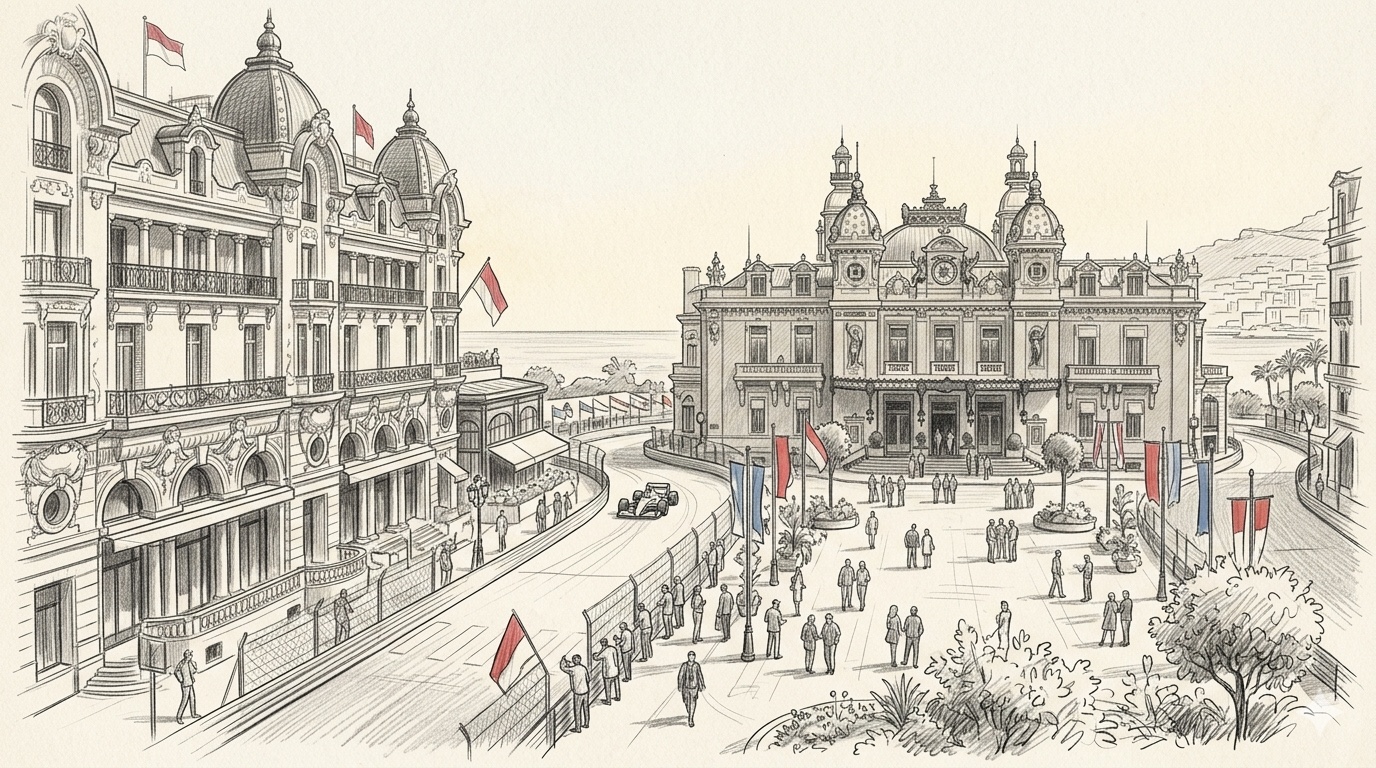 Pencil illustration of Casino Square in Monte Carlo during Formula 1 race week, with the Hotel de Paris on the left, the Casino de Monte-Carlo on the right, a Formula 1 car on the track, and red Monégasque flags around the square