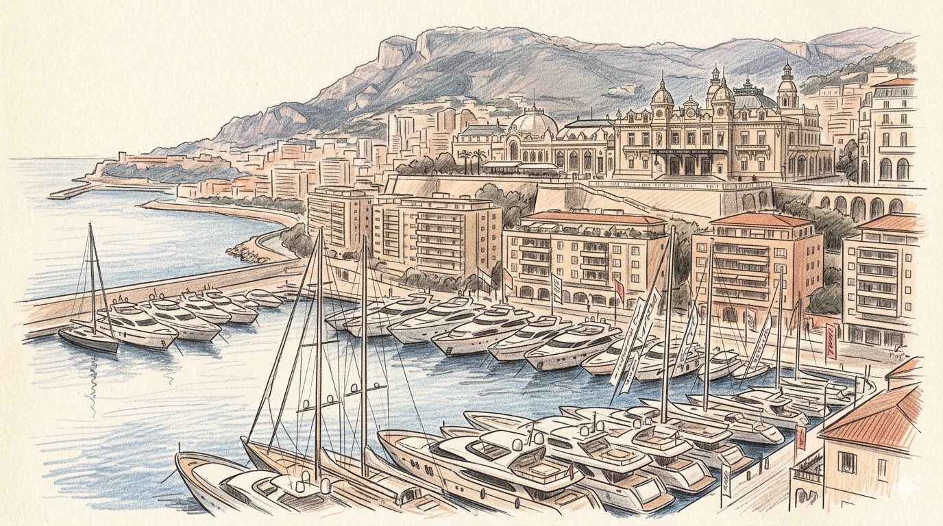 Colored pencil illustration of the Monaco harbor during Formula 1 race week, with yachts moored several deep in the foreground, waterfront hotels along the harbor, and the Casino de Monte-Carlo with the Maritime Alps in the background