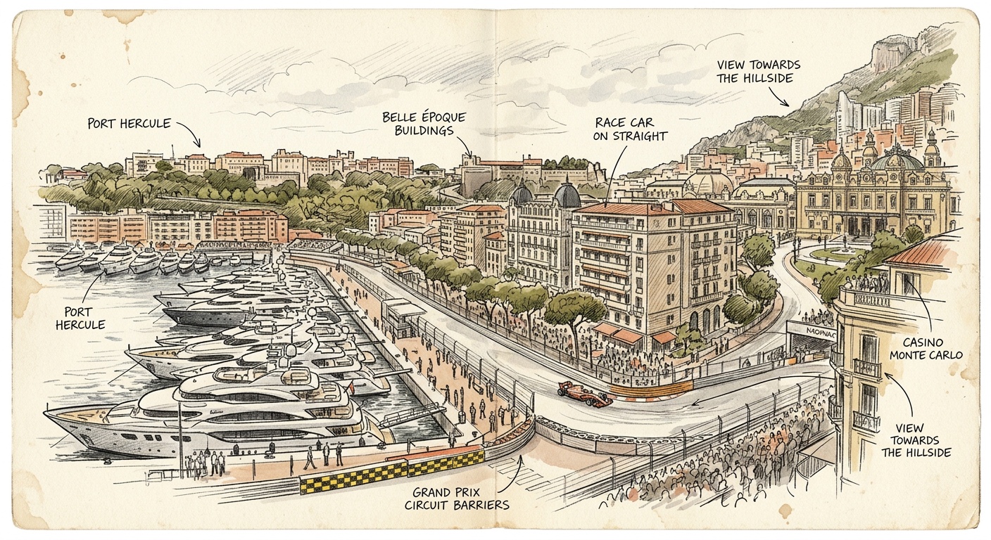Pencil sketch of the Monaco harbour during the Grand Prix weekend with superyachts and Belle Époque buildings