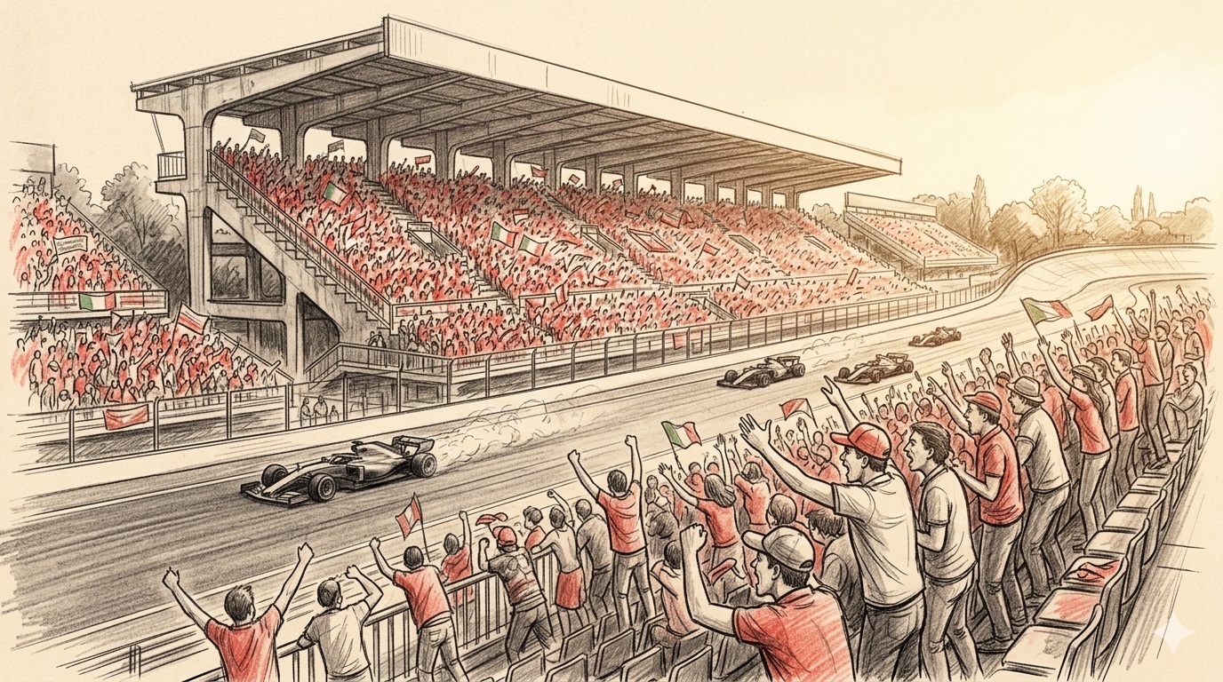 Colored pencil illustration of the Monza tifosi crowd in red, raising flags and arms in celebration as a Formula 1 car passes on the front straight, packed grandstands behind and trackside fans on a fence in the foreground