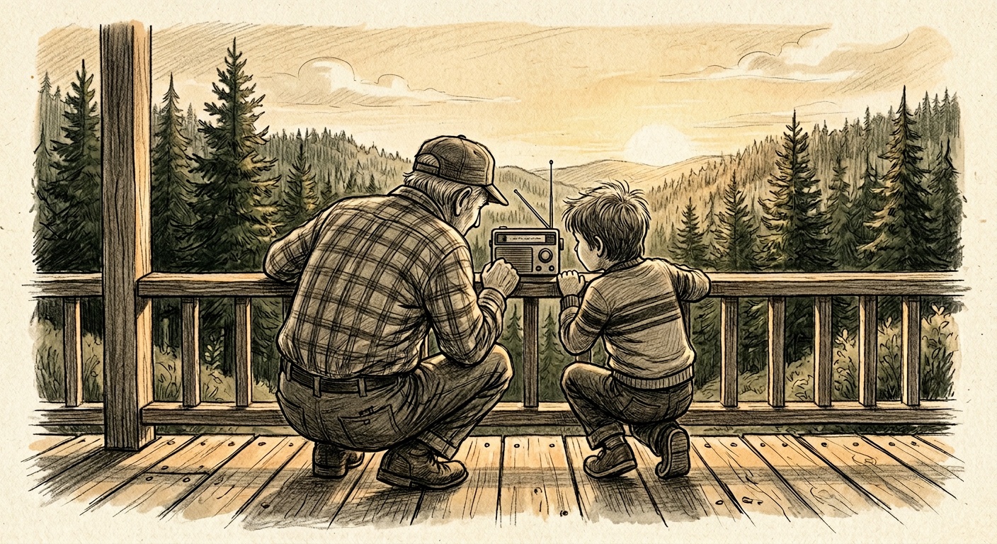 Pencil sketch of a grandfather and young boy on a wooden porch in 1970s Oregon listening to a transistor radio